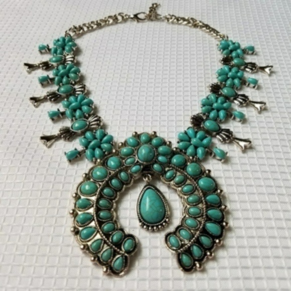Squash Blossom SILVER Tone TURQUOISE Necklace - Picture 2 of 7